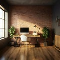 Cosy Home Office Interior With Brick Wall And Plants, Minimalist Design Royalty Free Stock Photo