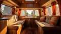 Cosy Interior of motor home camping car, furnishing decor of salon area, comfortable modern caravan house