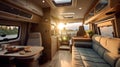 Cosy Interior of motor home camping car, furnishing decor of salon area, comfortable modern caravan house