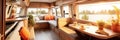 Cosy Interior of motor home camping car, furnishing decor of salon area, comfortable modern caravan house Royalty Free Stock Photo