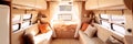 Cosy Interior of motor home camping car, furnishing decor of salon area, comfortable modern caravan house