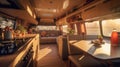 Cosy Interior of motor home camping car, furnishing decor of salon area, comfortable modern caravan house Royalty Free Stock Photo