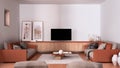 Cosy orange and beige living room with sofa and pillows, lounge, carpet, coffee table, blanket, pouf and decors, tv cabinet, Royalty Free Stock Photo