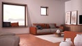 Cosy orange and beige living room with sofa and pillows, lounge, carpet, coffee table, pouf and decors, panoramic window, Royalty Free Stock Photo