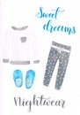 Watercolor handmade cosy pyjamas with a pair of slippers Royalty Free Stock Photo