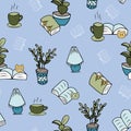 Cosy reading plants and blobs repeated pattern Royalty Free Stock Photo