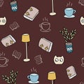 Cosy reading plants and blobs seamless pattern. Royalty Free Stock Photo