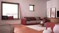 Cosy red and beige living room with sofa and pillows, lounge, carpet, coffee table, pouf and decors, panoramic window, terracotta Royalty Free Stock Photo