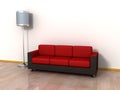 Cosy red couch sofa and floor lamp by the wall Royalty Free Stock Photo