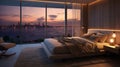 Cosy and romantic bedroom with bed and view of the city skyline from the window Royalty Free Stock Photo