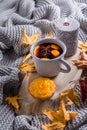 Cosy and soft winter background, with mulled wine, knitted blanket and candle with lemon cake on vintage wooden board