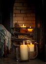 Cosy tartan blanket near fire place with lit candles Royalty Free Stock Photo