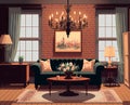 cosy traditional living room with exposed brick walls and a vintage-inspired chandelier as the centrepiece (AIgen) Royalty Free Stock Photo