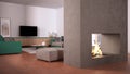 Cosy turquoise and beige living room with sofa, carpet, table and pouf, concrete modern fireplace and walls, tv cabinet,