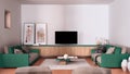 Cosy turquoise and beige living room with sofa and pillows, lounge, carpet, coffee table, blanket, pouf and decors, tv cabinet,