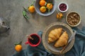 Breakfast with coffee and croissants background