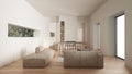 Cosy wooden and beige living room with sofa, carpet, table and pouf, white modern fireplace and walls, dining table, parquet floor