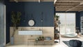 Cosy wooden peaceful bathroom in blue tones, bathtub, ceramic tiles, sink with mirror and little potted tree, pouf, shelves, big