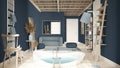 Cosy wooden peaceful bathroom in blue tones, big bathtub, ceramic tiles floor, carpet, round poufs, shelves and lamps, mirror and