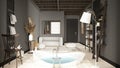 Cosy wooden peaceful bathroom in dark tones, big bathtub, ceramic tiles floor, carpet, round poufs, shelves and lamps, mirror and