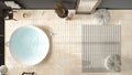 Cosy wooden peaceful bathroom in dark tones, big bathtub, ceramic tiles floor, carpet with sofa, round poufs, mirror, spa, hotel