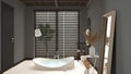 Cosy wooden peaceful bathroom in dark tones, big round bathtub, ceramic tiles floor, table with vases and decors, sofa, window