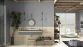 Cosy wooden peaceful bathroom in gray tones, bathtub, ceramic tiles, sink with mirror and little potted tree, pouf, shelves, big