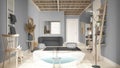 Cosy wooden peaceful bathroom in gray tones, big bathtub, ceramic tiles floor, carpet, round poufs, shelves and lamps, mirror and
