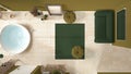 Cosy wooden peaceful bathroom in green tones, bathtub, ceramic tiles floor, carpet with round poufs, sofa, shelves, spa, hotel Royalty Free Stock Photo