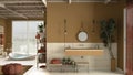 Cosy wooden peaceful bathroom in orange tones, bathtub, ceramic tiles, sink with mirror and little potted tree, pouf, shelves, big