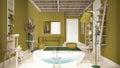 Cosy wooden peaceful bathroom in yellow tones, big bathtub, ceramic tiles floor, carpet, round poufs, shelves and lamps, mirror
