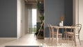 Cosy wooden sustainable dining room in gray tones with panoramic window and bamboo ceiling. Table with chairs, potted plants, Royalty Free Stock Photo