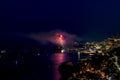 Panoramic lovely view of fireworks on the Principality of Monaco shortly after sunset Royalty Free Stock Photo