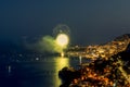 Panoramic lovely view of fireworks on the Principality of Monaco shortly after sunset Royalty Free Stock Photo