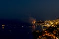 Panoramic lovely view of fireworks on the Principality of Monaco shortly after sunset Royalty Free Stock Photo