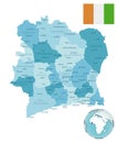 Cote d`Ivoire administrative blue-green map with country flag and location on a globe