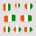 Cote d`Ivoire flag vector set. Ivorian national flags stickers collection. Vector isolated geometric icons. Web, sports