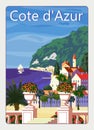 Cote De L&#x27;azur French Riviera Coast Poster Vintage. Resort, Coast, Sea, Beach. Retro Style Illustration Vector