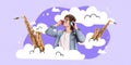 Cotemporary art collage. Young man listening music in headphones surrounded clouds with musical instruments as dreams in