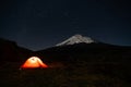 Cotopaxi Volcano at night iwth a lit up tent