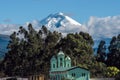 Cotopaxi volcano over the San Jaloma Church, Andes Royalty Free Stock Photo