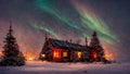 Cottage against the night sky with the Milky Way and the arctic Northern lights in snow winter. Merry Christmas mood.