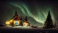 Cottage against the night sky with the Milky Way and the arctic Northern lights in snow winter. Merry Christmas mood.