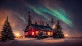 Cottage against the night sky with the Milky Way and the arctic Northern lights in snow winter. Merry Christmas mood