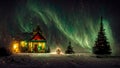 Cottage against the night sky with the Milky Way and the arctic Northern lights in snow winter. Merry Christmas mood.