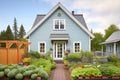 cottage with attic dormers and a vegetable garden