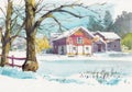 Cottage house watercolor painting at country side