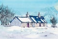 Cottage house watercolor painting at country side