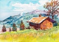 Cottage house watercolor painting at country side