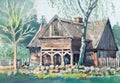 Cottage house watercolor painting at country side